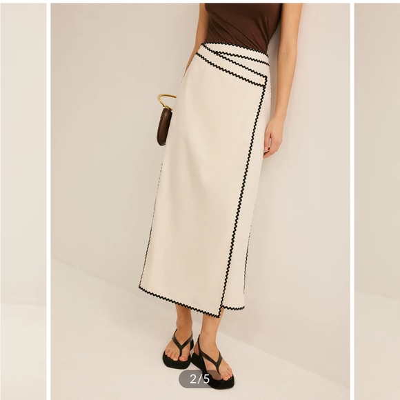 NWT Commense cotton & linen wave trim midi wrap skirt asymmetrical tan black - Picture 2 of 9